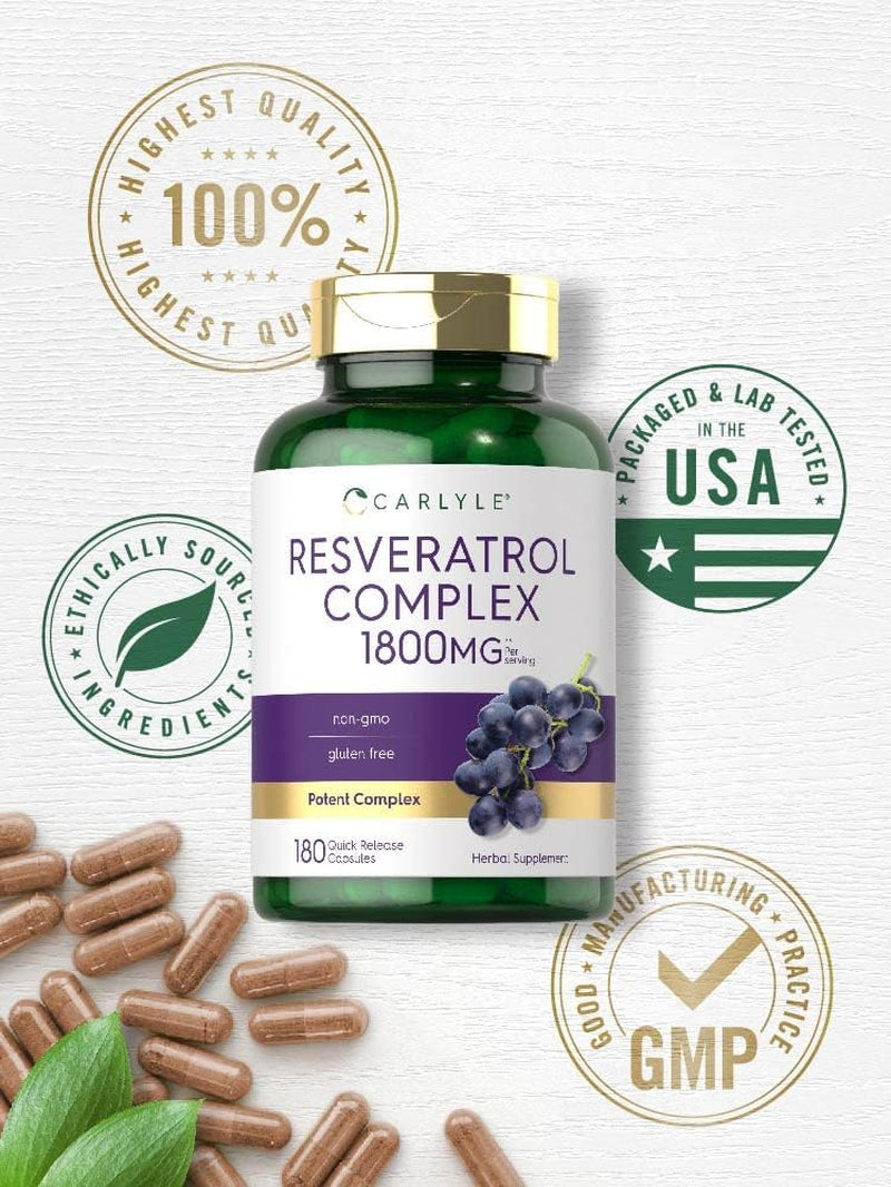 Resveratrol Supplement 1800Mg | 180 Capsules | Non-Gmo & Gluten Free | Potent Complex