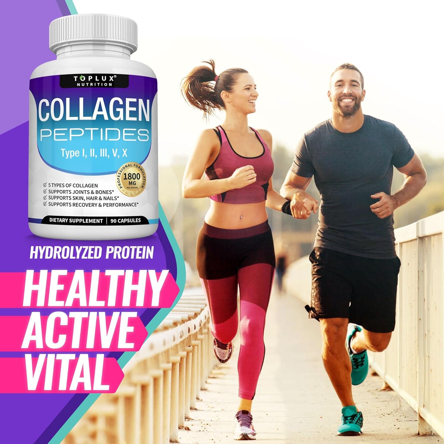 Multi Collagen Peptides Pills 1800 Mg Complex - Type I, II, III, V, X Premium Collagen Complex for Better Skin & Hair, Strong Joint, Hydrolyzed Protein, for Men Women, 90 Capsules, Supplement