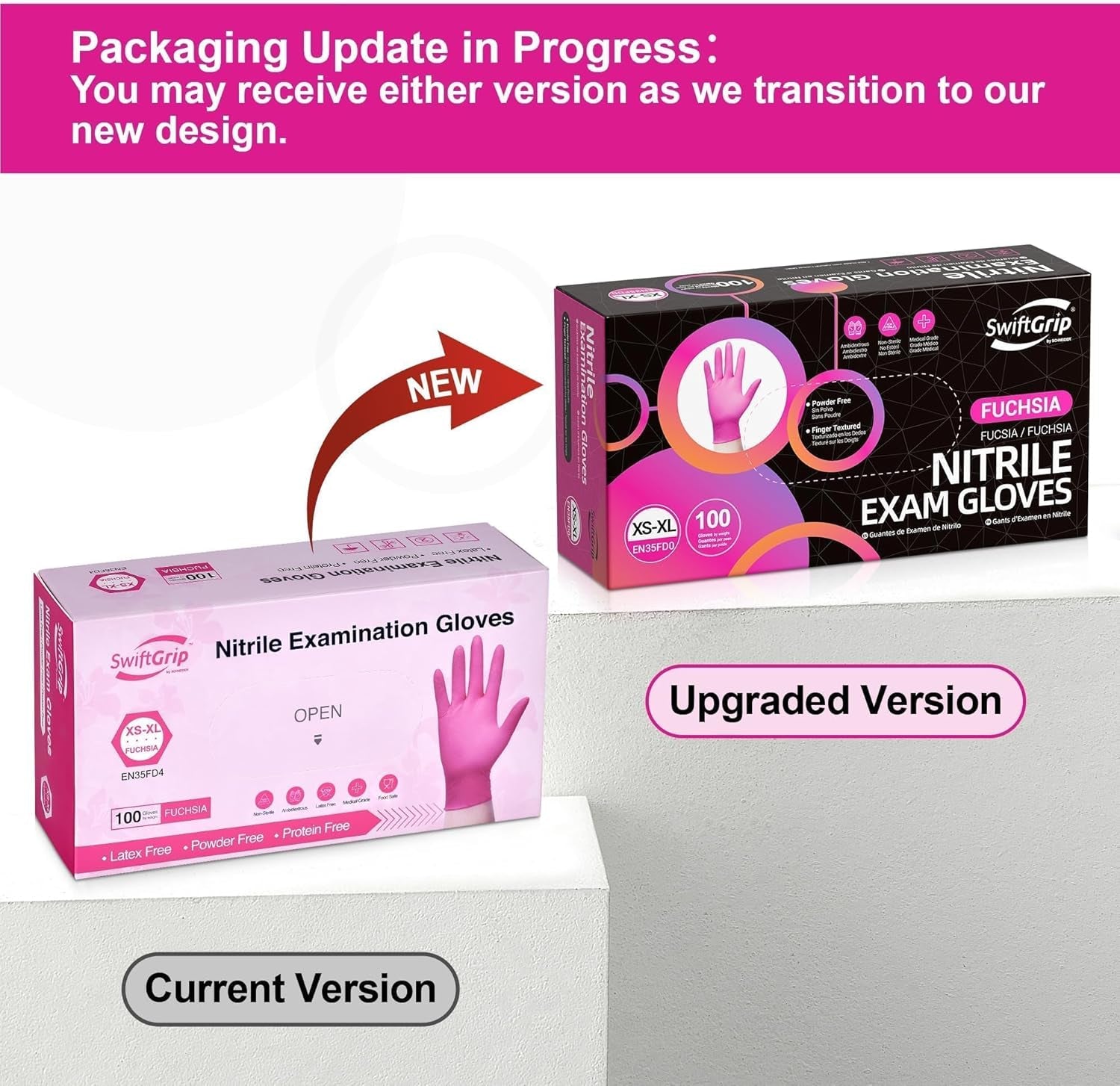 Powder-Free Nitrile Gloves, 3-Mil, Disposable Nitrile Gloves, Latex-Free, Powder-Free - Pink/Fuchsia