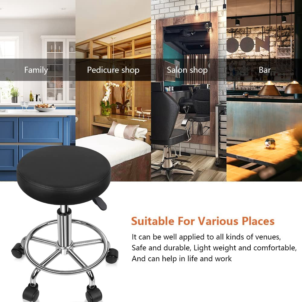 PU Leather round Rolling Stool with Foot Rest Swivel Height Adjustment Spa Drafting Salon Tattoo Work Office Massage Stools Task Chair Cushion 14 Inches (Black)